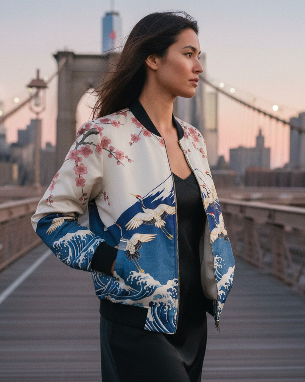 L'Estampe Japonaise — Reversible Silk Bomber hero flatlay on Brooklyn Bridge Promenade at dusk — editorial silk twill — Hoboken atelier