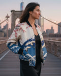 L'Estampe Japonaise — Reversible Silk Bomber hero flatlay on Brooklyn Bridge Promenade at dusk — editorial silk twill — Hoboken atelier