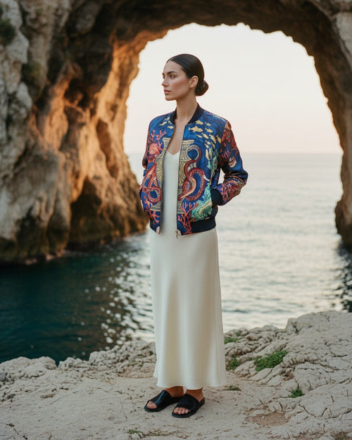 Atlantide Submersible — Reversible Silk Bomber hero flatlay on cobalt blue — reactive-dyed mulberry silk — Hoboken atelier
