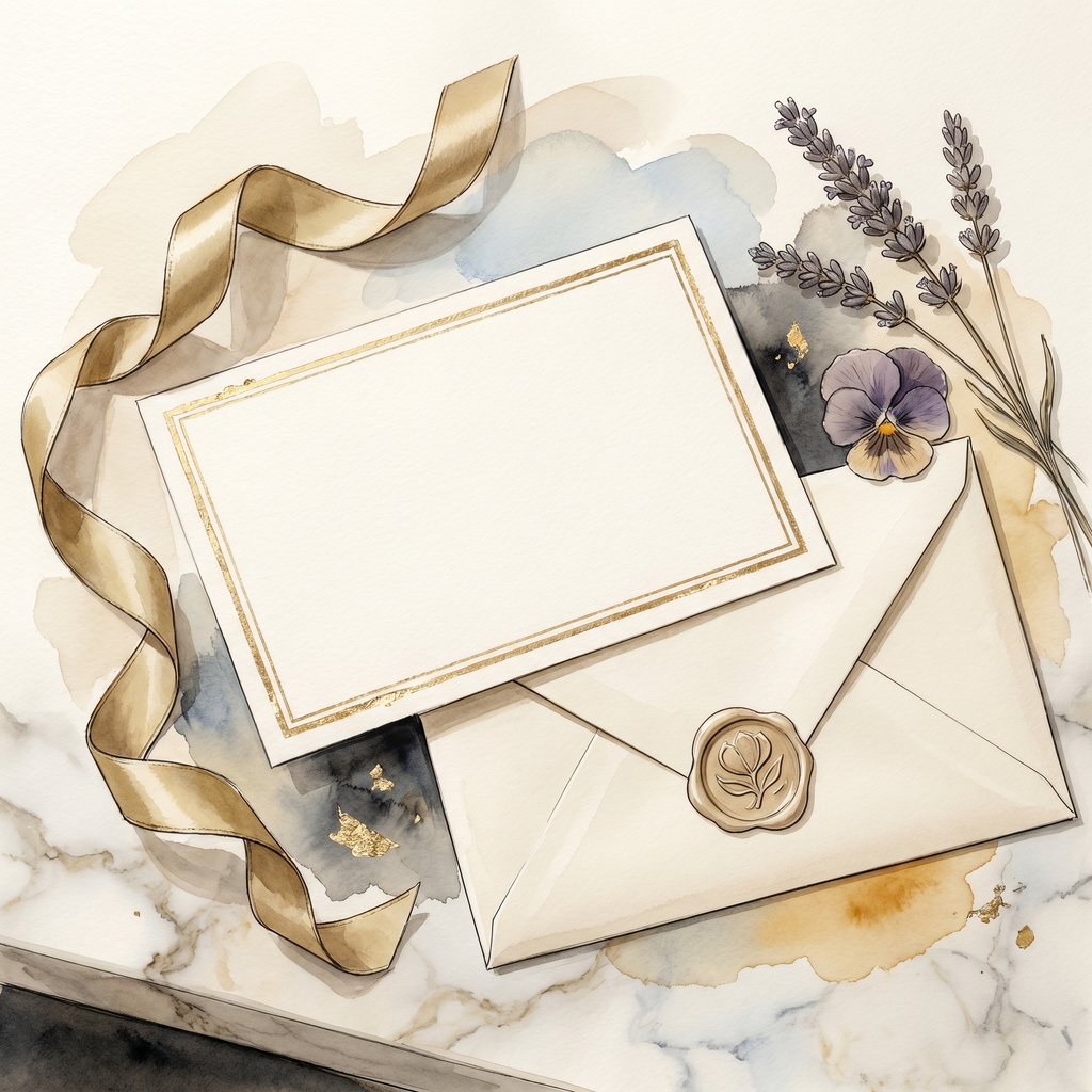 The Atelier Gift Card on cream marble counter with antique-gold ribbon, sealed envelope, lavender — Creo Fleur Atelier
