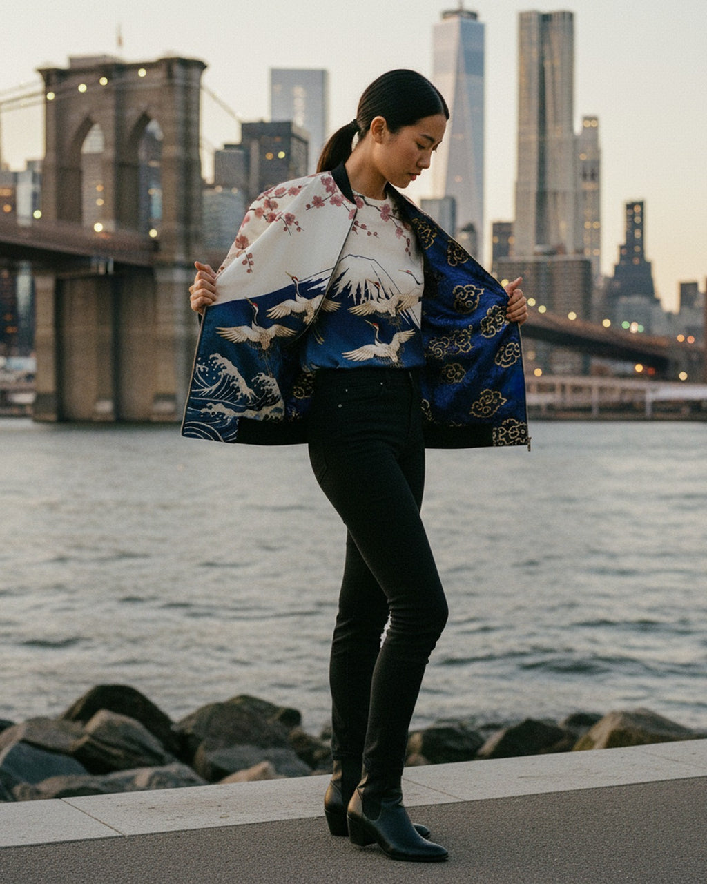 L'Estampe Japonaise — Reversible Silk Bomber macro fabric detail at Dumbo Waterfront lapel reveal — reactive-dyed mulberry silk — Hoboken at