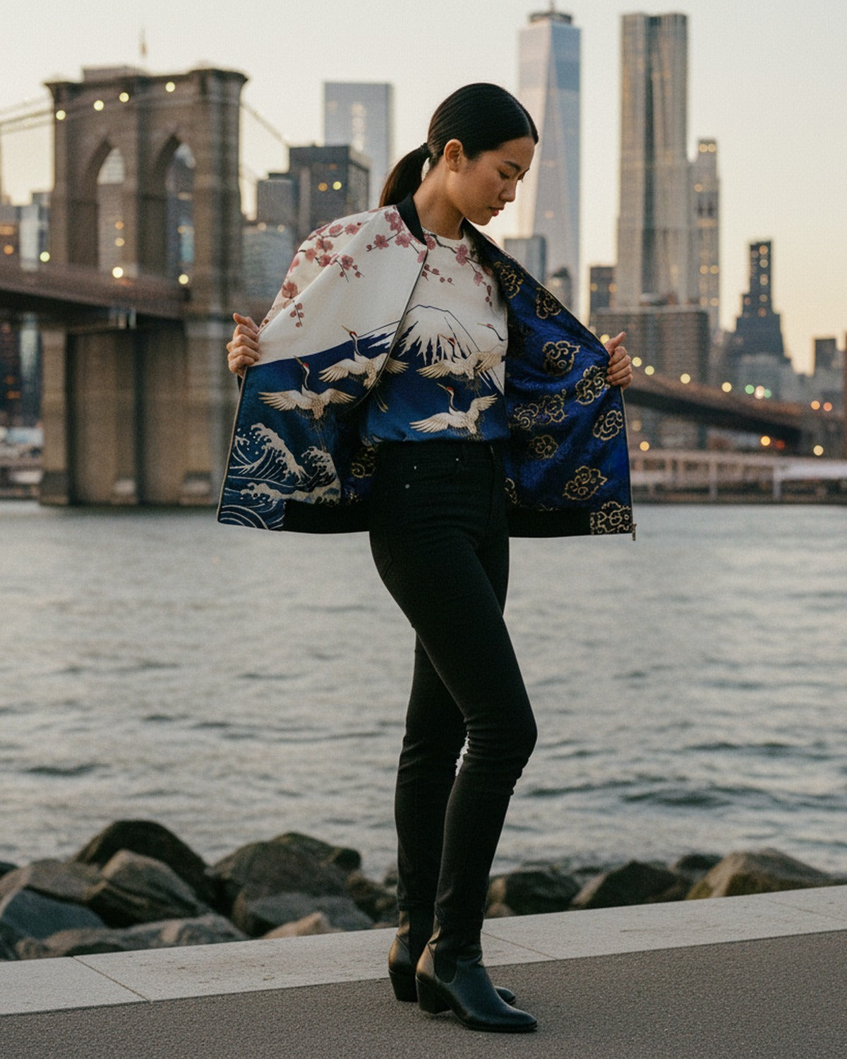 L'Estampe Japonaise — Reversible Silk Bomber macro fabric detail at Dumbo Waterfront lapel reveal — reactive-dyed mulberry silk — Hoboken at