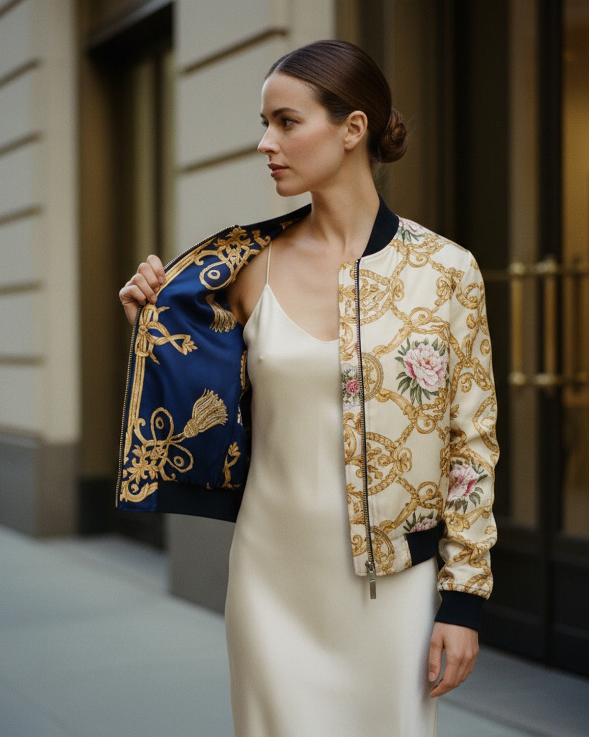 Bouquet de Versailles — Macro fabric detail on botanical print — luxurious silk twill — Hoboken atelier