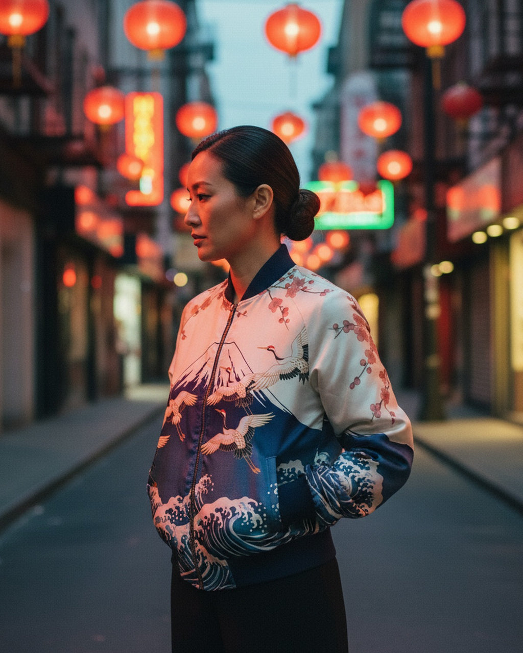 L'Estampe Japonaise — Reversible Silk Bomber on-model editorial in Chinatown with red lanterns — artisanal silk charmeuse — Hoboken atelier