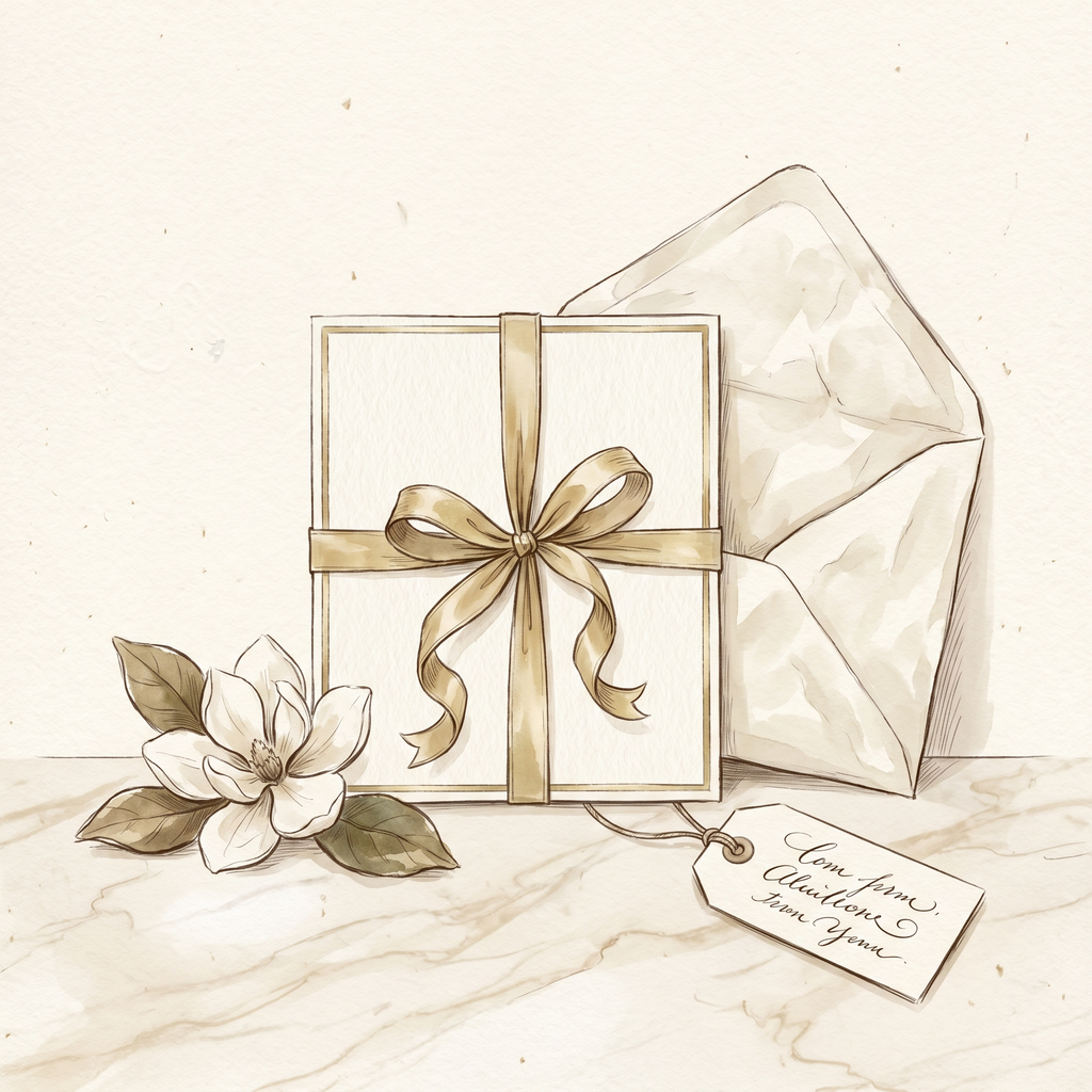 The Atelier Gift Card on draped ivory silk twill, brass scissors, indigo ink dish — Creo Fleur Atelier