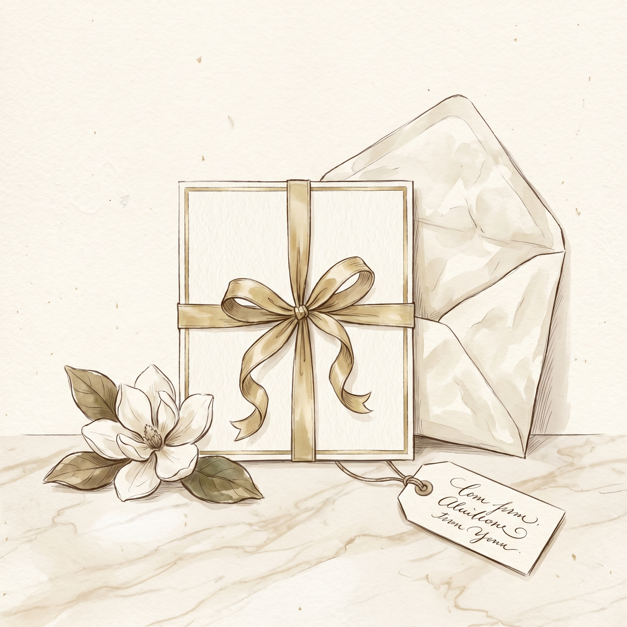 The Atelier Gift Card on draped ivory silk twill, brass scissors, indigo ink dish — Creo Fleur Atelier