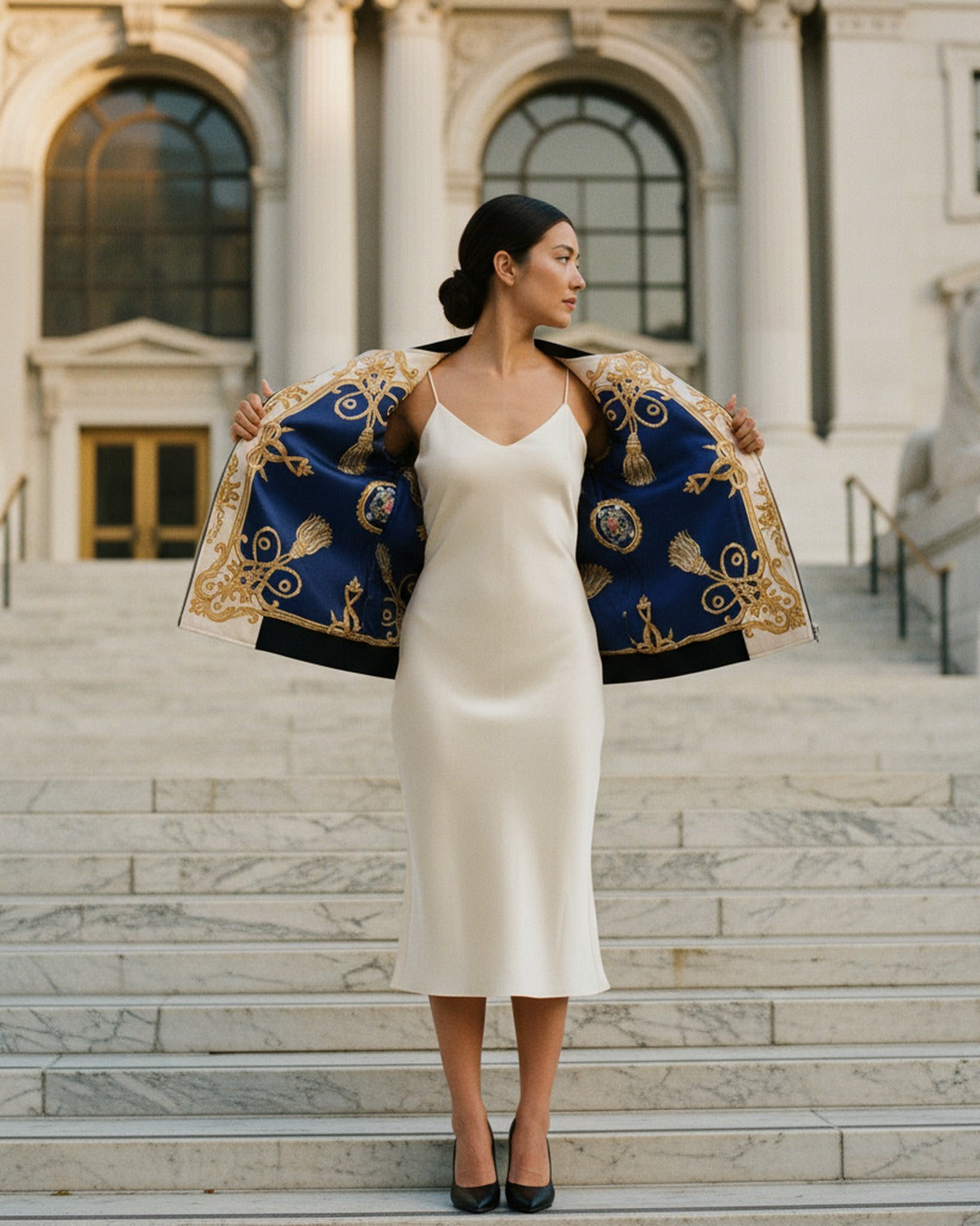 Bouquet de Versailles — On-model editorial on NYC steps — vibrant silk charmeuse — Hoboken atelier
