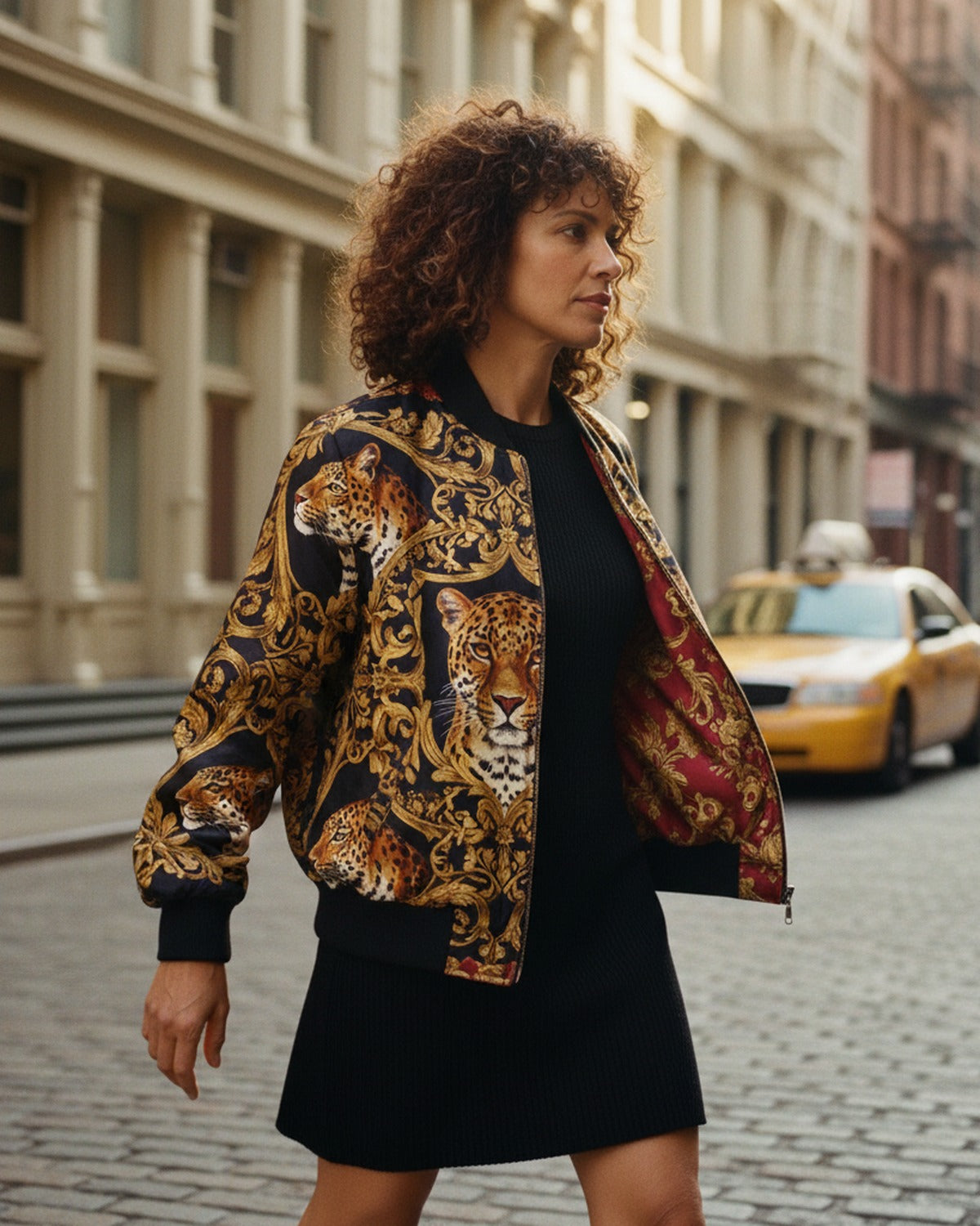 L'Ordre du Léopard — On-model editorial on Tribeca cobblestone — reversible silk bomber jacket — Hoboken atelier