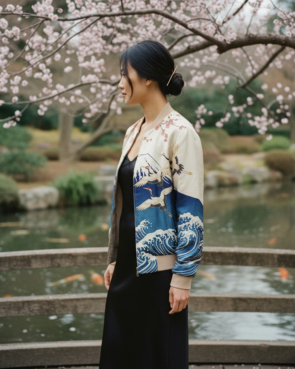 L'Estampe Japonaise — Reversible Silk Bomber reverse back view at Botanical Garden Japanese Pond — heritage art print silk — Hoboken atelier