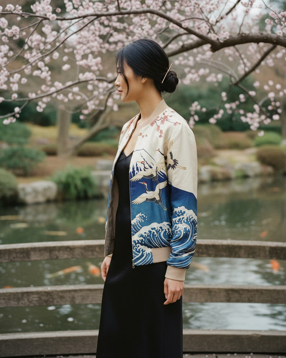 L'Estampe Japonaise — Reversible Silk Bomber reverse back view at Botanical Garden Japanese Pond — heritage art print silk — Hoboken atelier