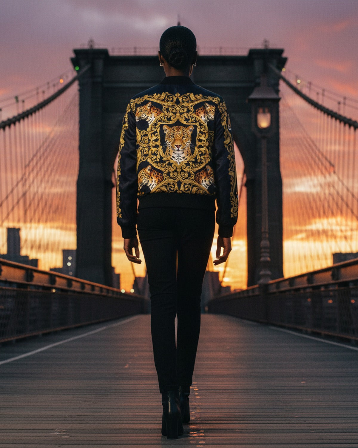L'Ordre du Léopard — Reverse back view on Brooklyn Bridge — opulent leopard print silk charmeuse — Hoboken atelier