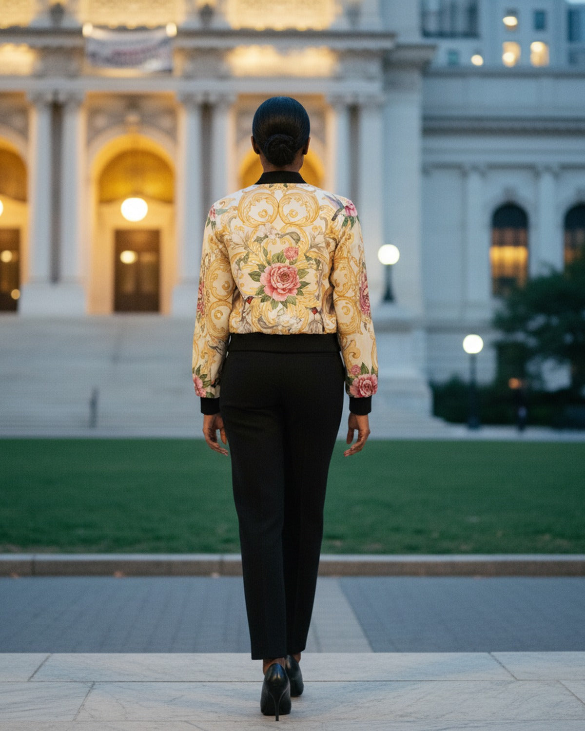 Bouquet de Versailles — Reverse back view on deep blue — reversible silk satin — Hoboken atelier