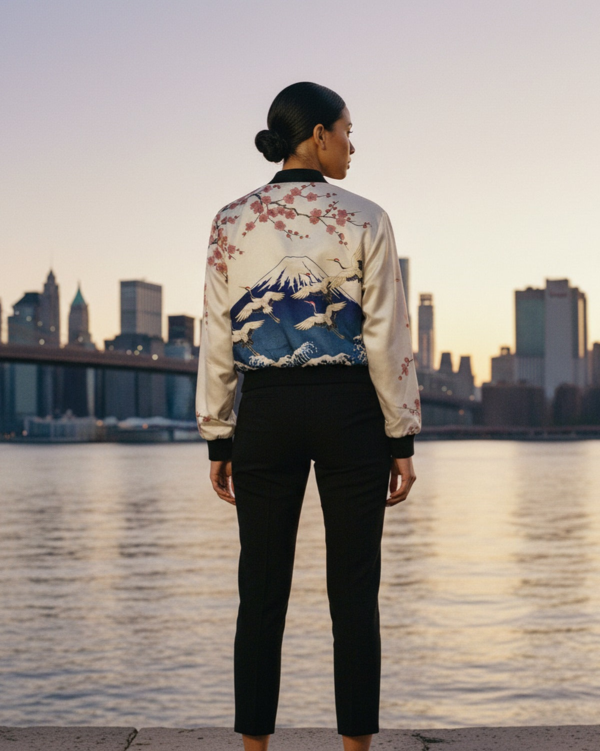 L'Estampe Japonaise — Reversible Silk Bomber drape in motion at East River Dawn back view — editorial silk satin — Hoboken atelier