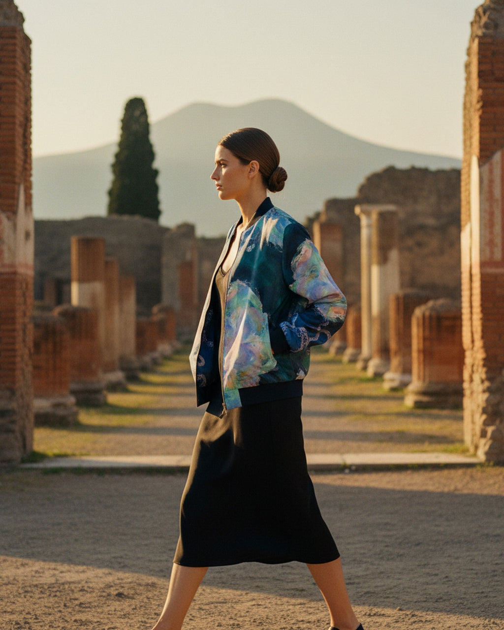 Atlantide Submersible — Reversible Silk Bomber drape in motion on an ancient ruin — flowing silk satin — Hoboken atelier
