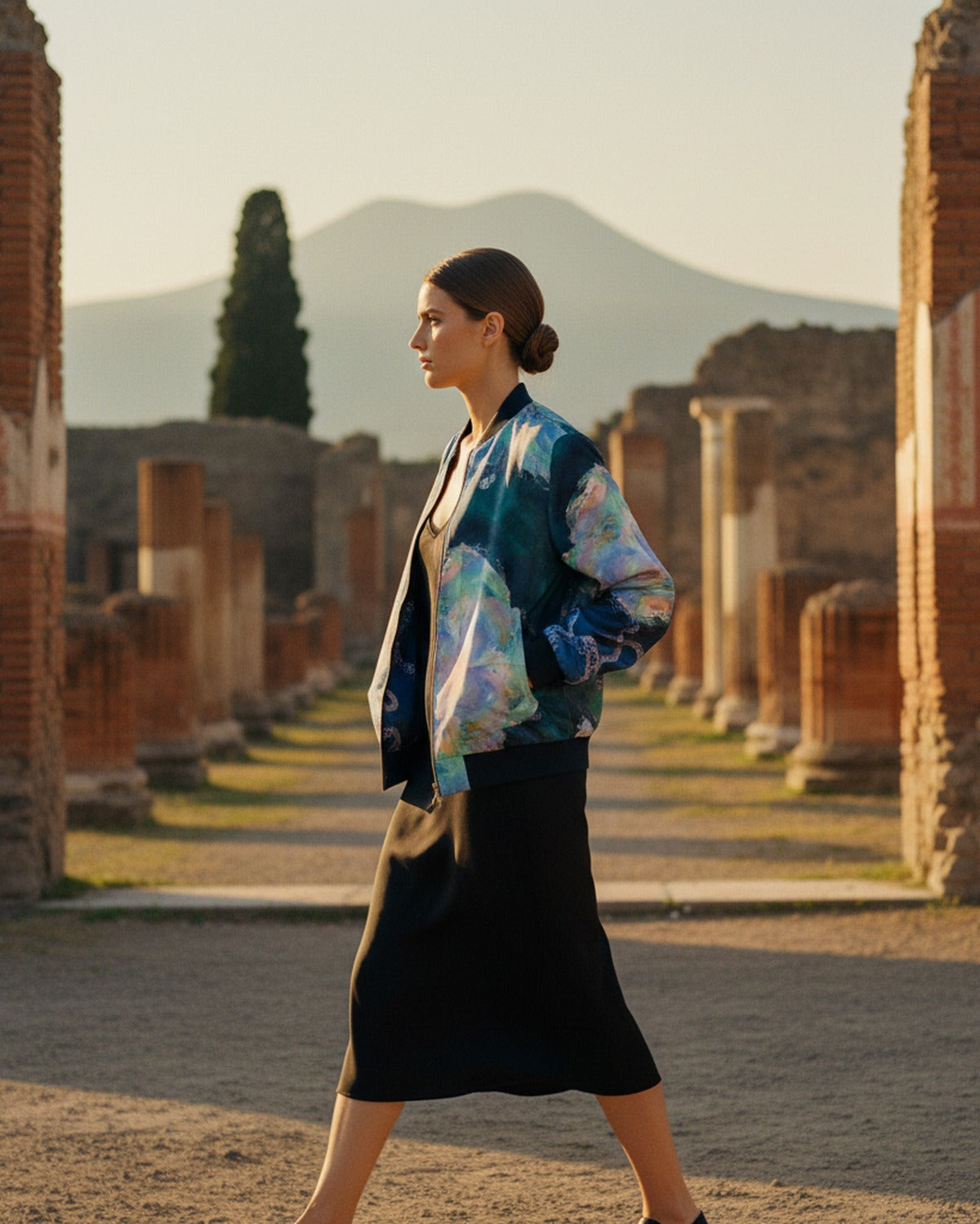 Atlantide Submersible — Reversible Silk Bomber drape in motion on an ancient ruin — flowing silk satin — Hoboken atelier