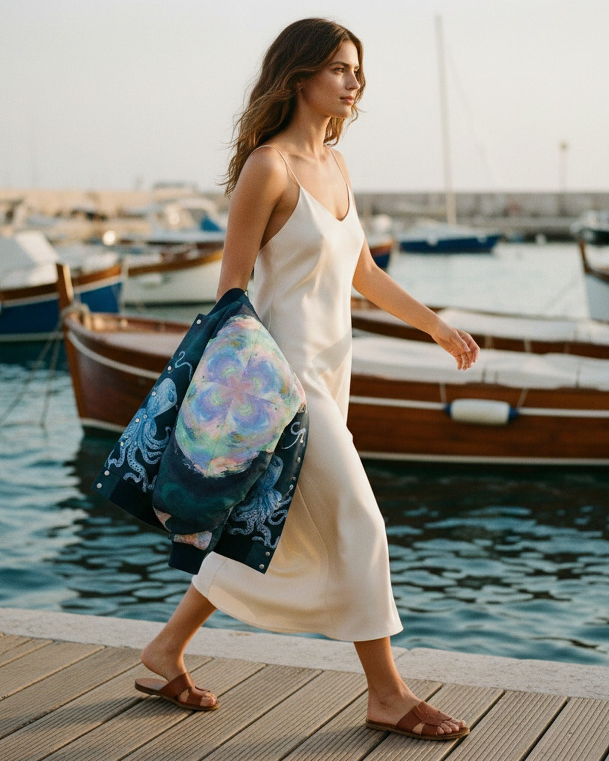 Atlantide Submersible — Reversible Silk Bomber lifestyle context on a seaside promenade — lightweight silk twill — Hoboken atelier