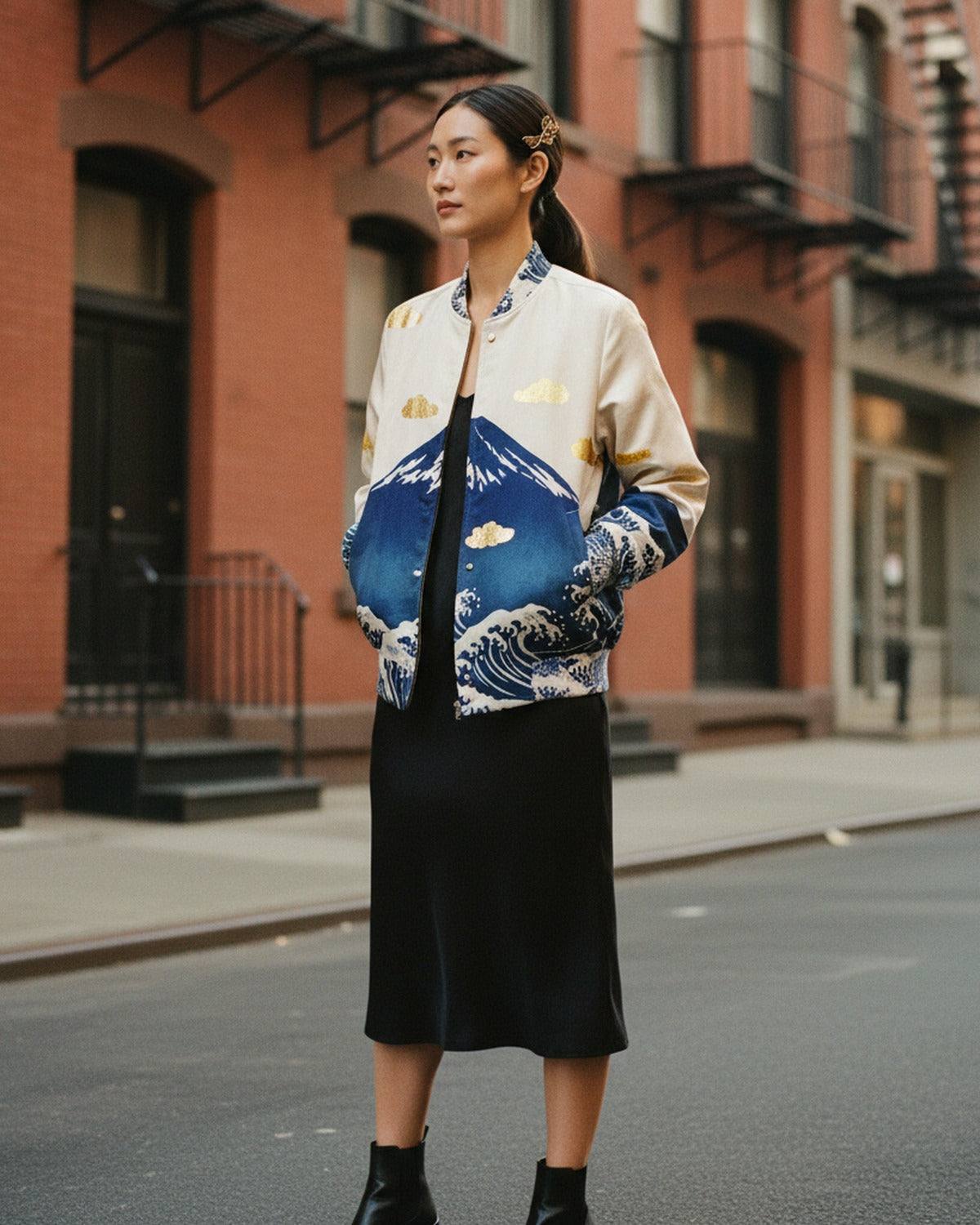 L'Estampe Japonaise — Reversible Silk Bomber lifestyle setting on Lower East Side — luxury silk twill — Hoboken atelier