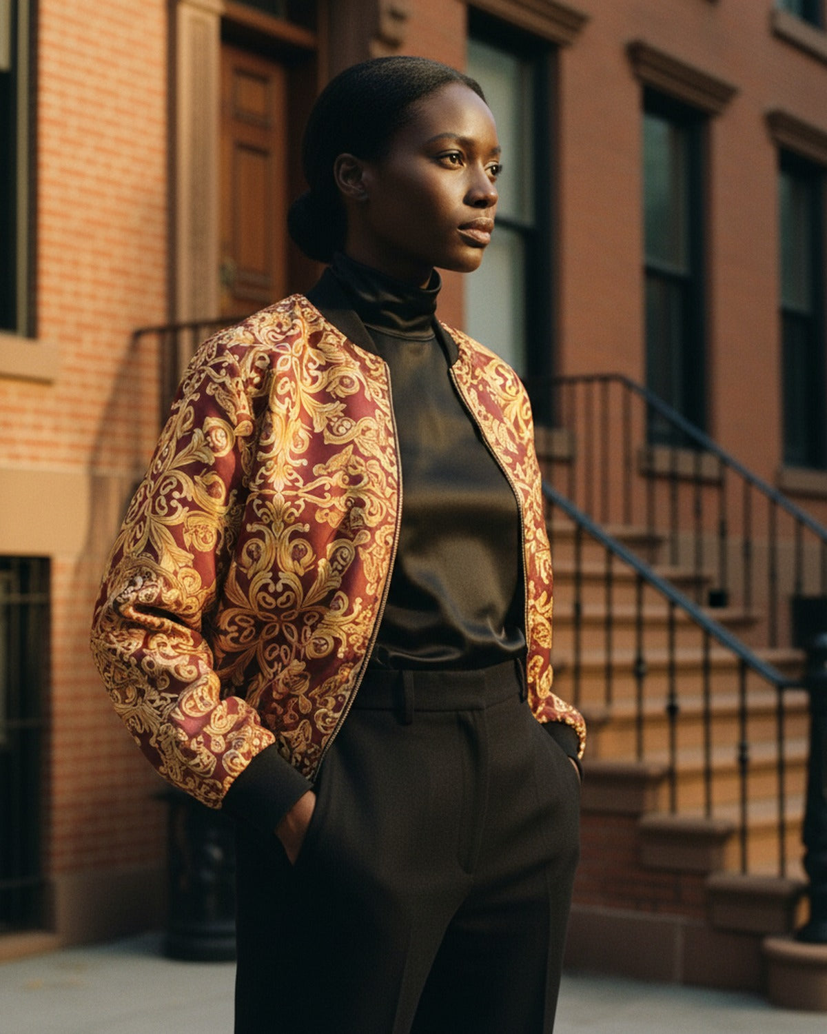 L'Ordre du Léopard — Lifestyle setting in West Village — premium leopard print silk bomber — Hoboken atelier