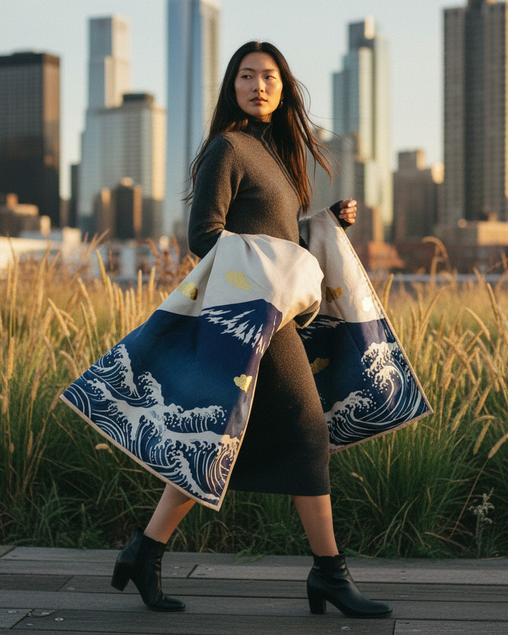L'Estampe Japonaise — Reversible Silk Bomber edge finishing detail draped over arm on High Line — reversible silk charmeuse — Hoboken atelie