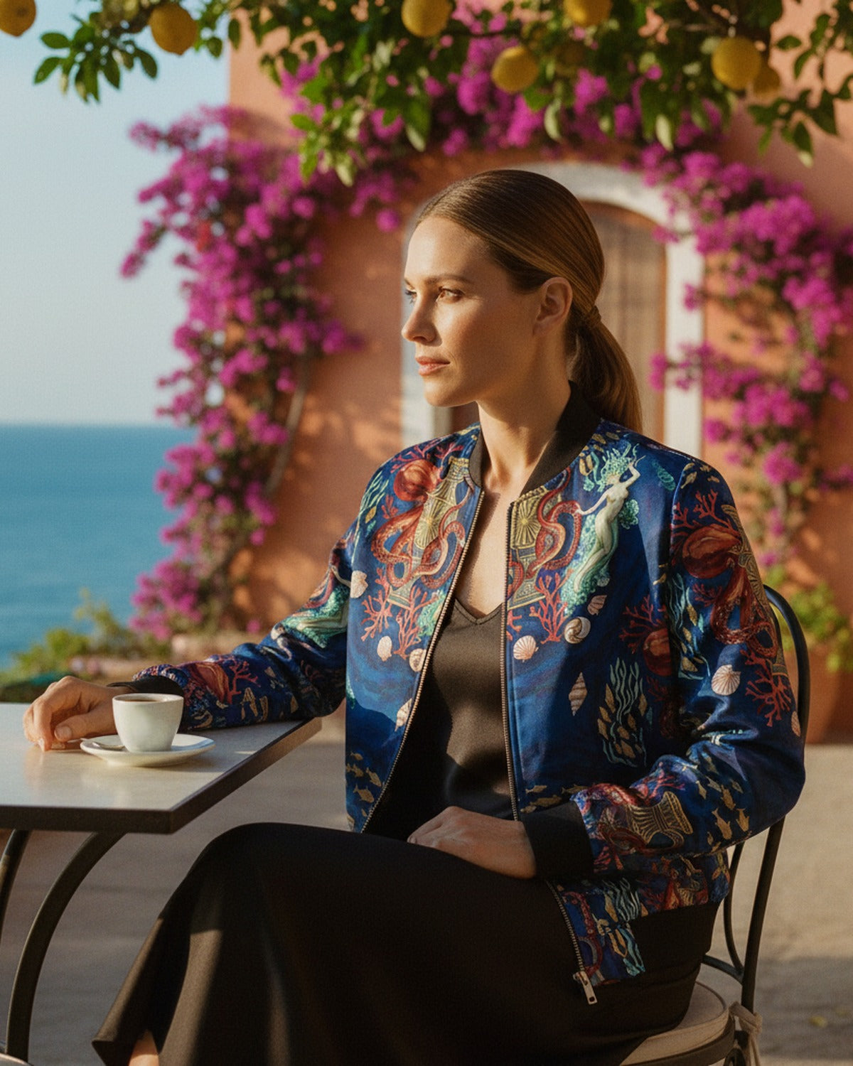 Atlantide Submersible — Reversible Silk Bomber edge + finishing detail in warm light — bespoke silk apparel — Hoboken atelier