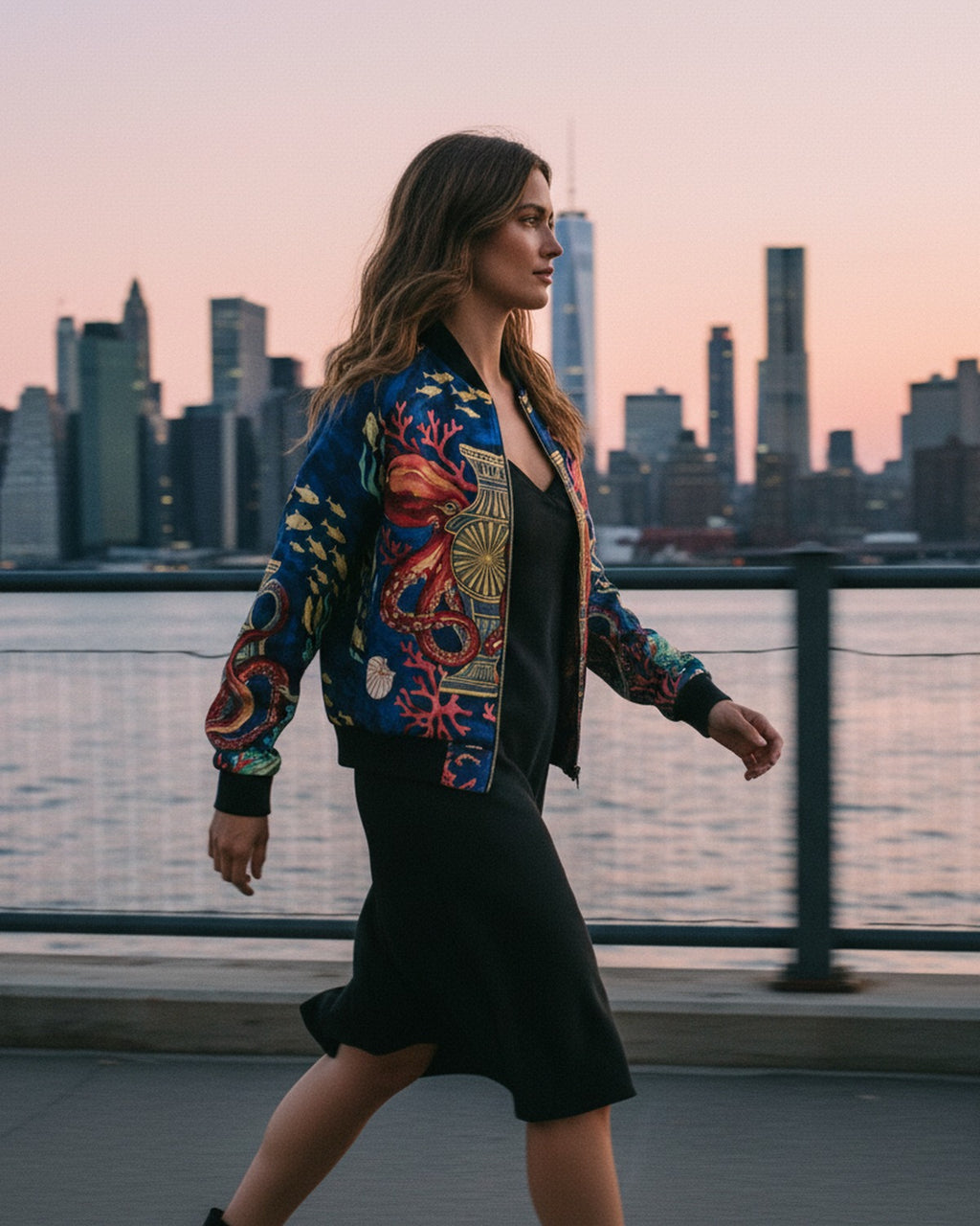 Atlantide Submersible — Reversible Silk Bomber editorial styled view in a city setting — premium silk charmeuse — Hoboken atelier