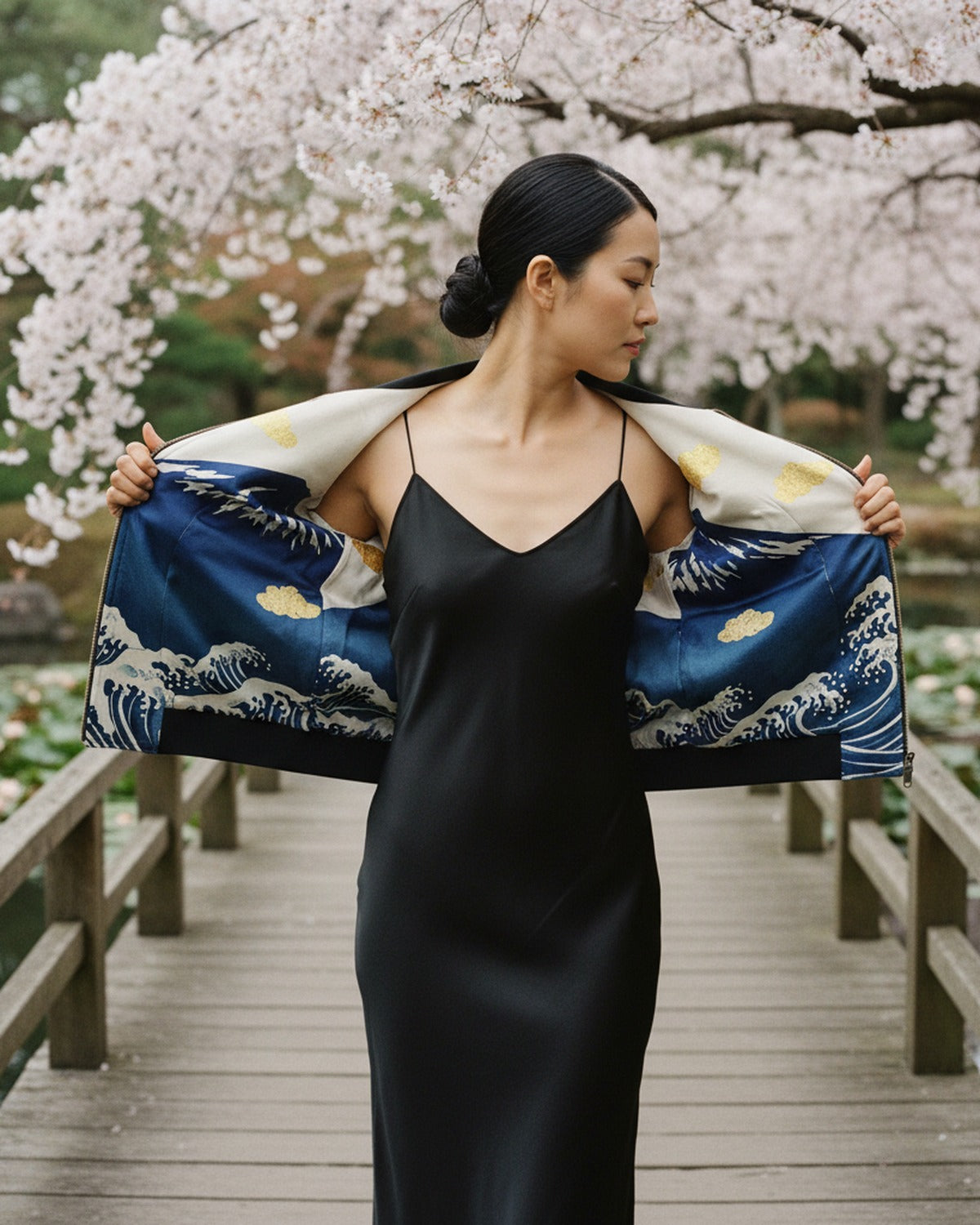 L'Estampe Japonaise — Reversible Silk Bomber editorial styled view open front at Botanical Lily Pond — heritage art print silk — Hoboken ate