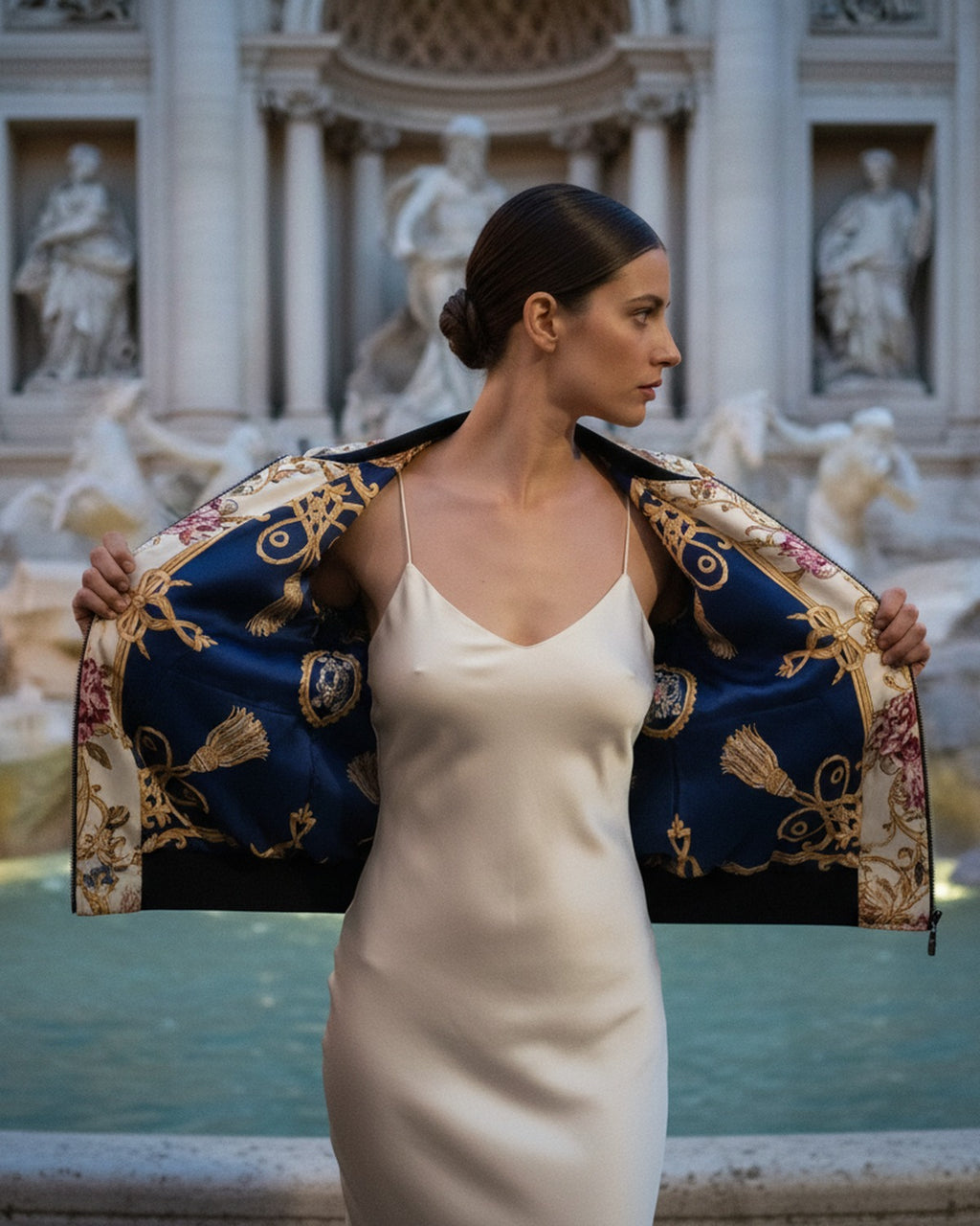 Bouquet de Versailles — Editorial styled view open front — artisanal silk charmeuse — Hoboken atelier