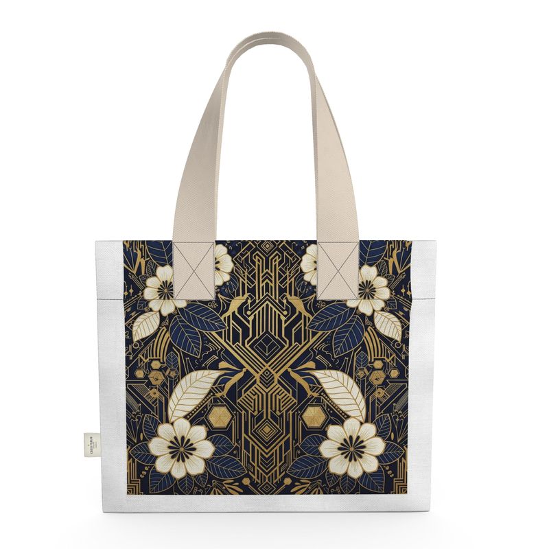 Tote Bag — Art Deco Botanical Garden — lifestyle context on an atelier table — heritage cotton linen — Hoboken atelier