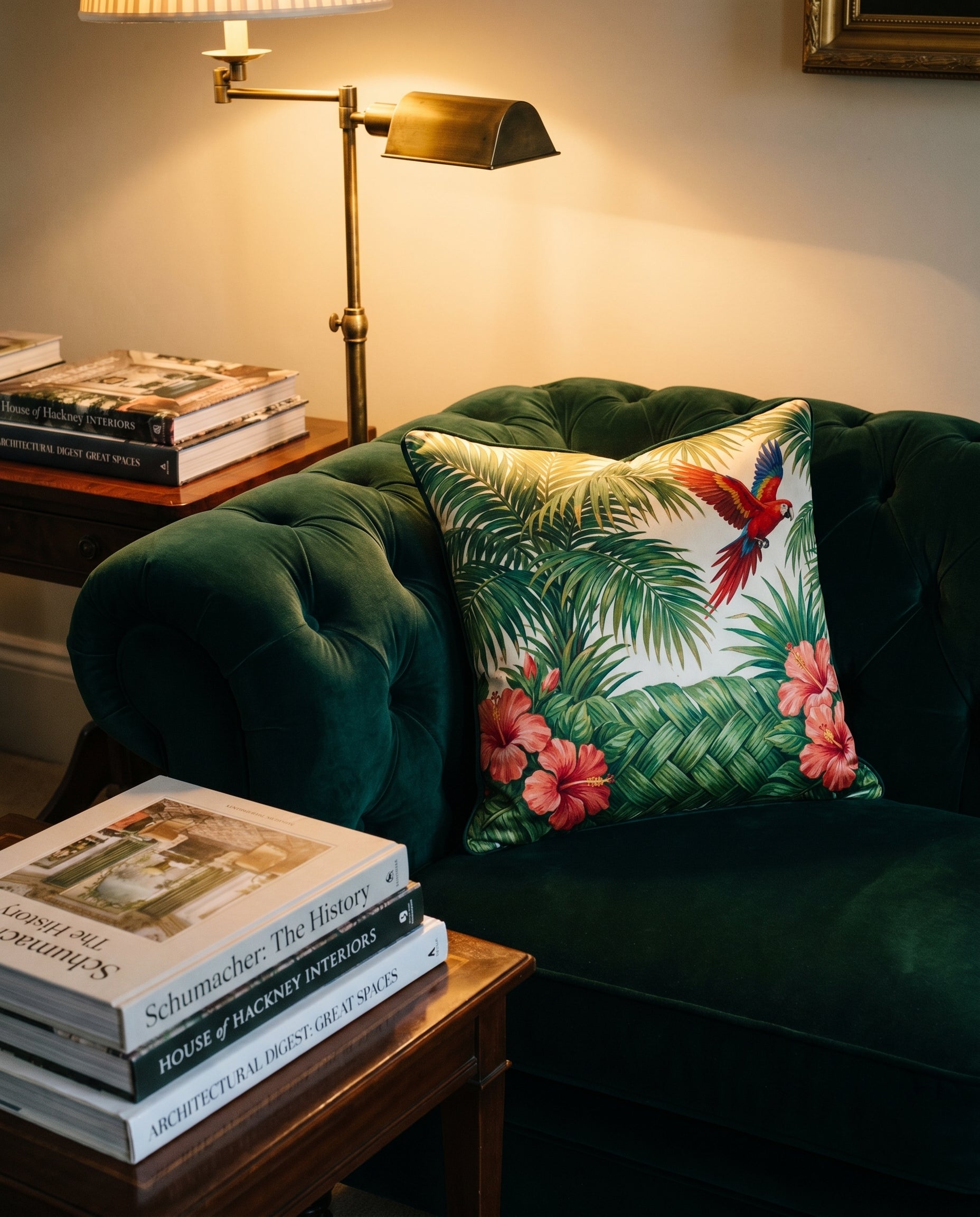 Coussin Adelphi Conservatoire — reverse view on a soft surface — heritage printed silk satin — Hoboken atelier