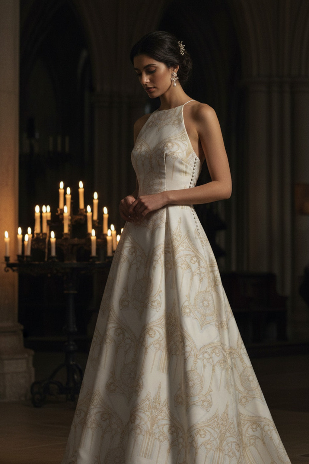 La Cathédrale — Back view in candlelit nave — Chapel length gown in reactive-dyed mulberry silk — Hoboken atelier