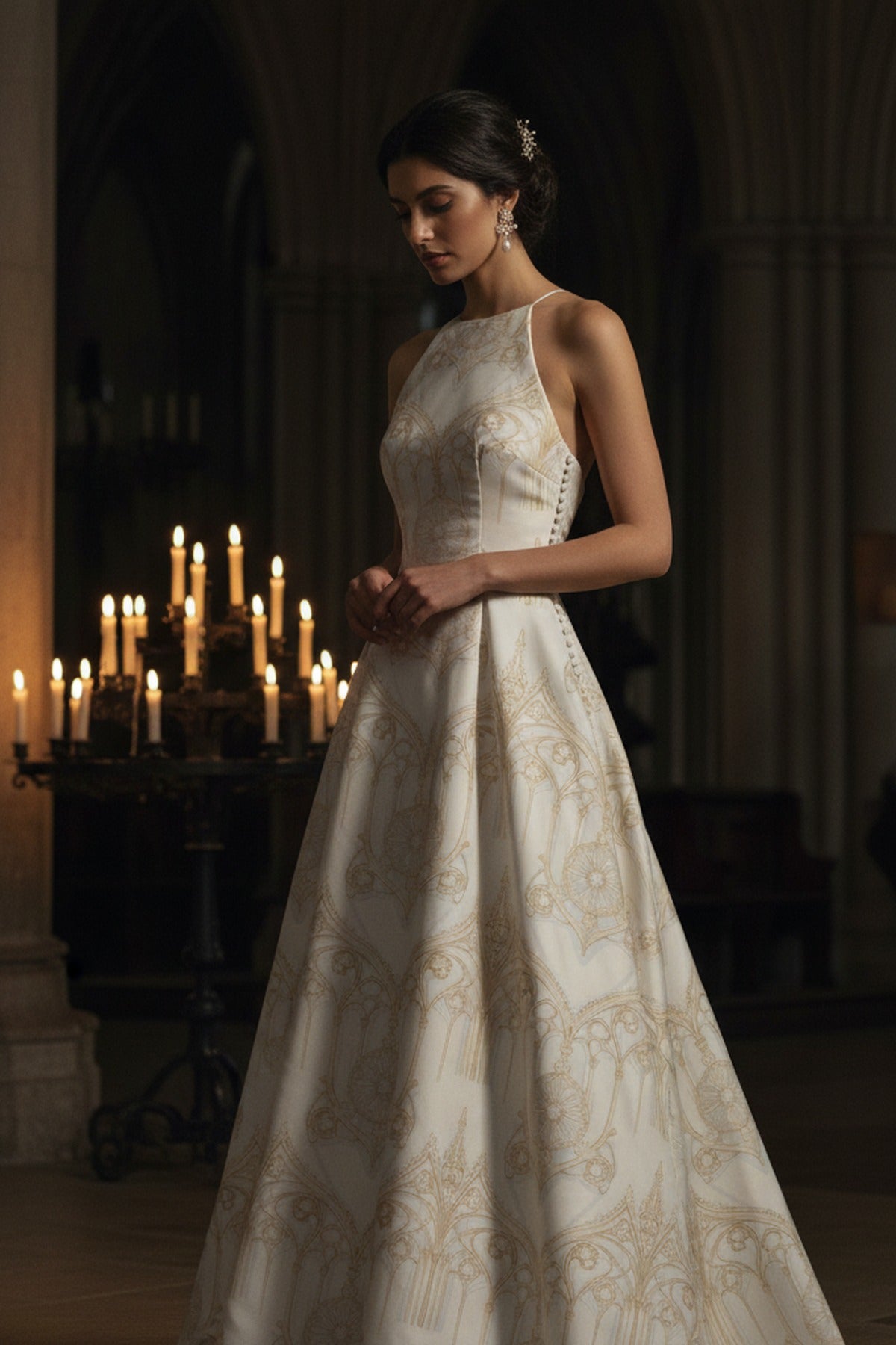 La Cathédrale — Back view in candlelit nave — Chapel length gown in reactive-dyed mulberry silk — Hoboken atelier