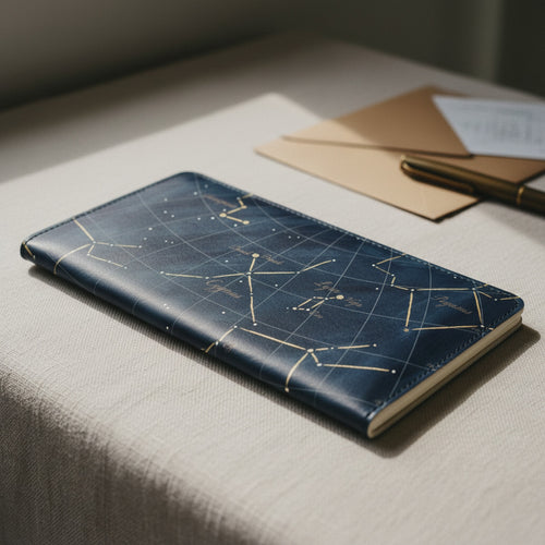 Carnet Constellations — hero flatlay on navy — full grain Italian nappa leather passport cover — Hoboken atelier