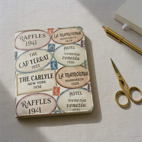 Carnet Étiquettes Grand Hôtel — hero flatlay on a cream surface — Italian nappa leather — Hoboken atelier
