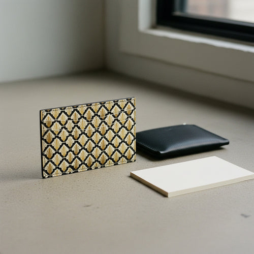 Carte Art Déco Manhattan — hero flatlay on ivory — Italian nappa leather card holder — Hoboken atelier