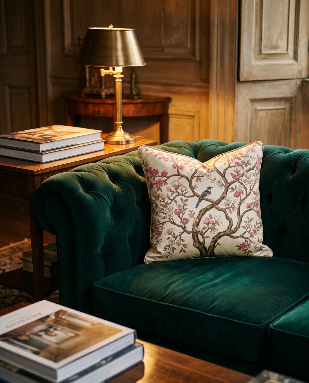 Coussin Chinoiserie — reverse / back view on a neutral backdrop — lustrous silk satin — Hoboken atelier