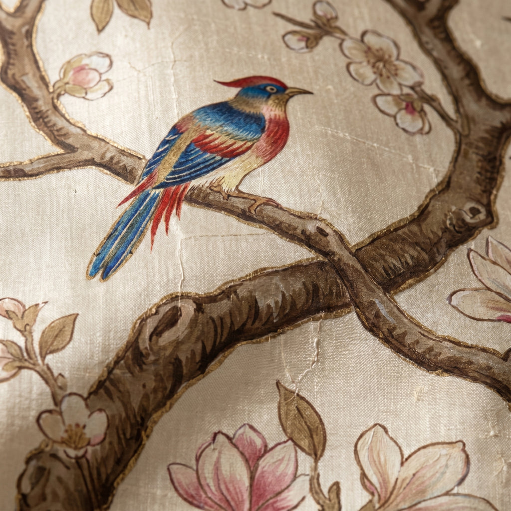 Coussin Chinoiserie — lifestyle context on an elegant atelier table — rich mulberry silk — Hoboken atelier