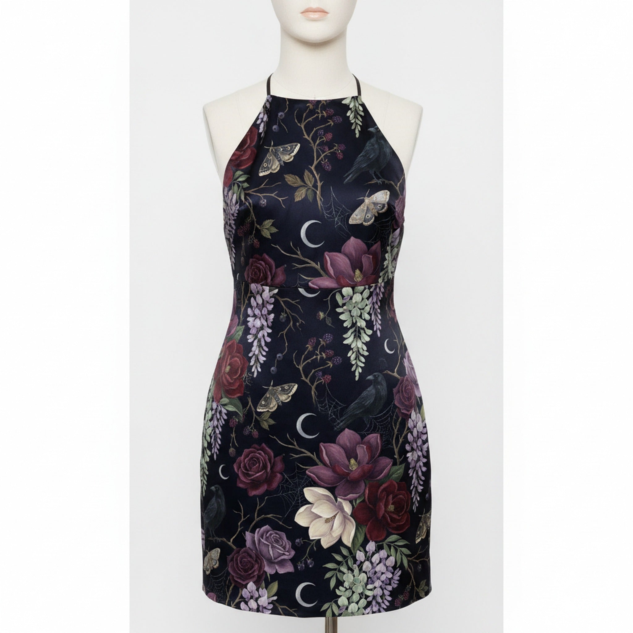 Cottage Goth Magnolia Halterneck Dress — hero flatlay on dark ground — reactive-dyed mulberry silk — Hoboken atelier