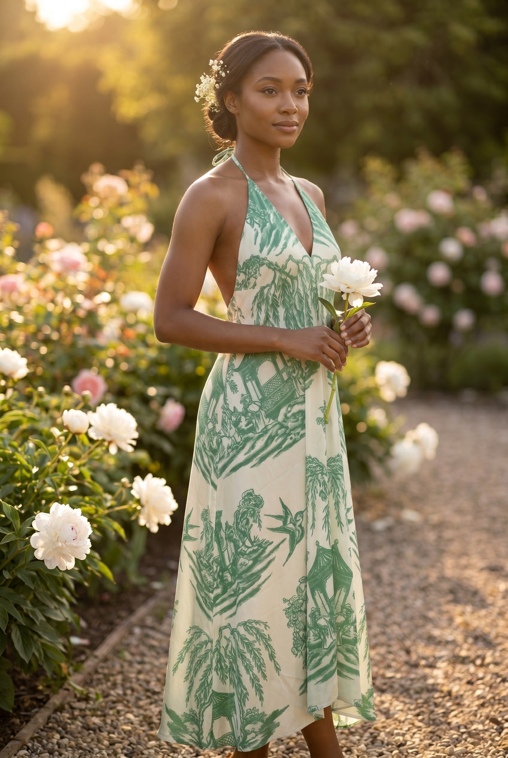 La Demoiselle — Toile Bridesmaid Halter (Dusty Green Dark) — garden golden 2x3