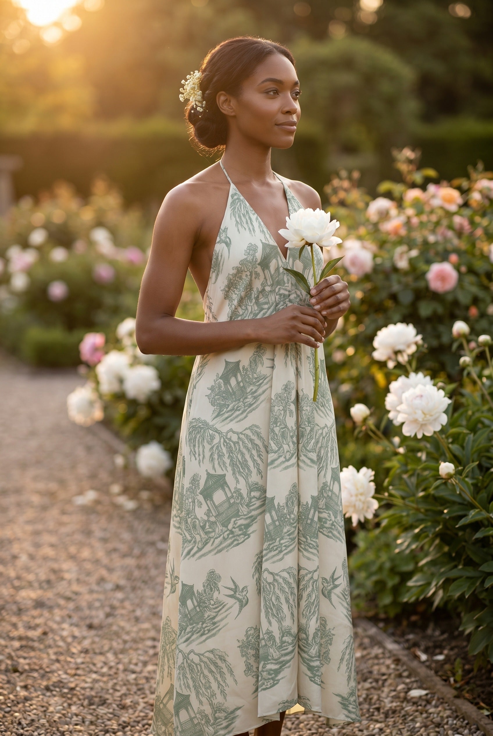 La Demoiselle — Toile Bridesmaid Halter (Dusty Green Light) — garden golden 2x3