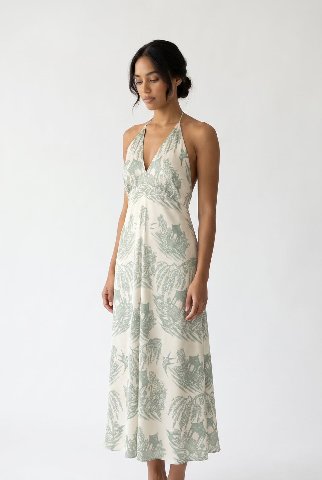 La Demoiselle — Toile Bridesmaid Halter (Dusty Green Light) — studio solo 2x3