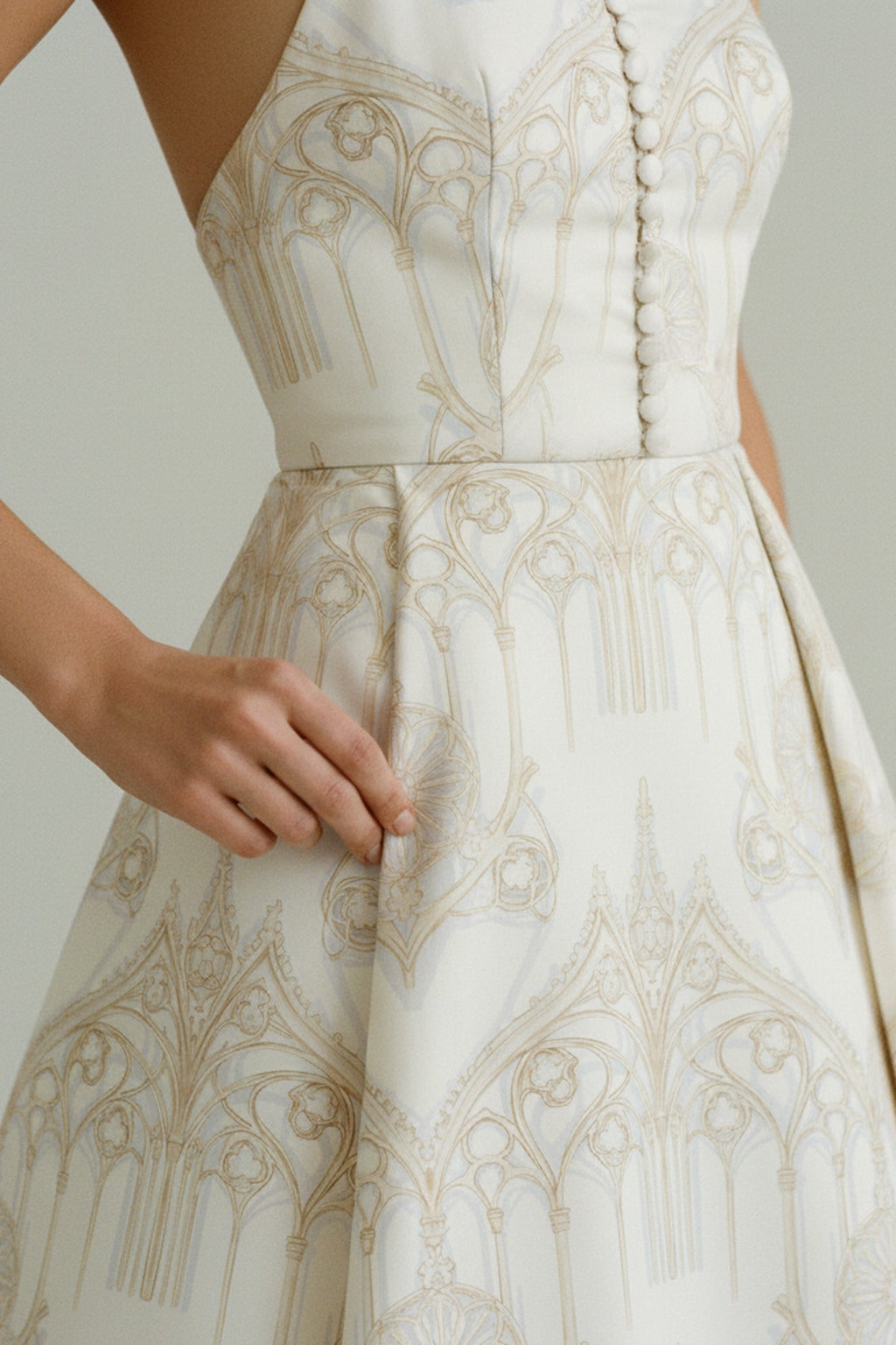 La Cathédrale — Editorial styled view, dropped waist — Architectural lace print silk dress — Hoboken atelier