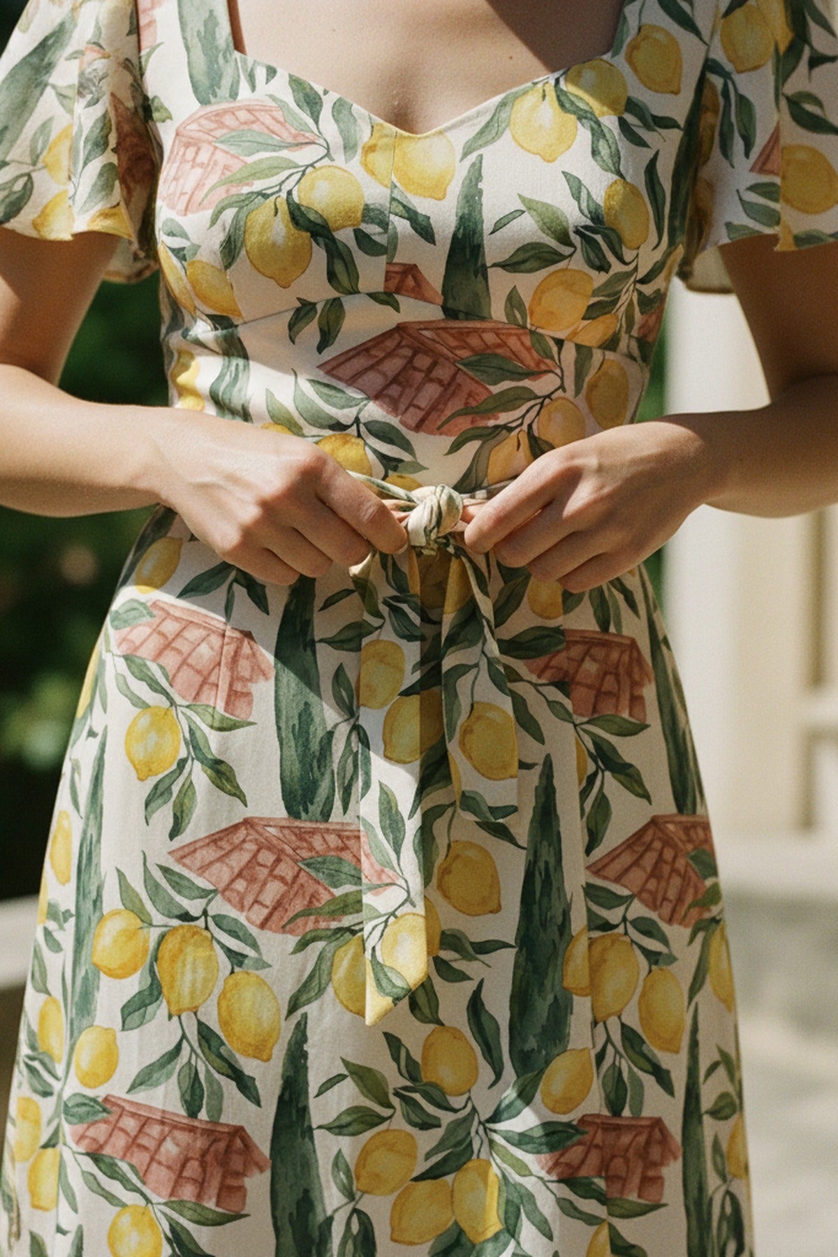 La Côte d'Azur — Lemon-Grove Tea Dress — detail self tie sash on sunny day — elegant silk satin — Hoboken atelier