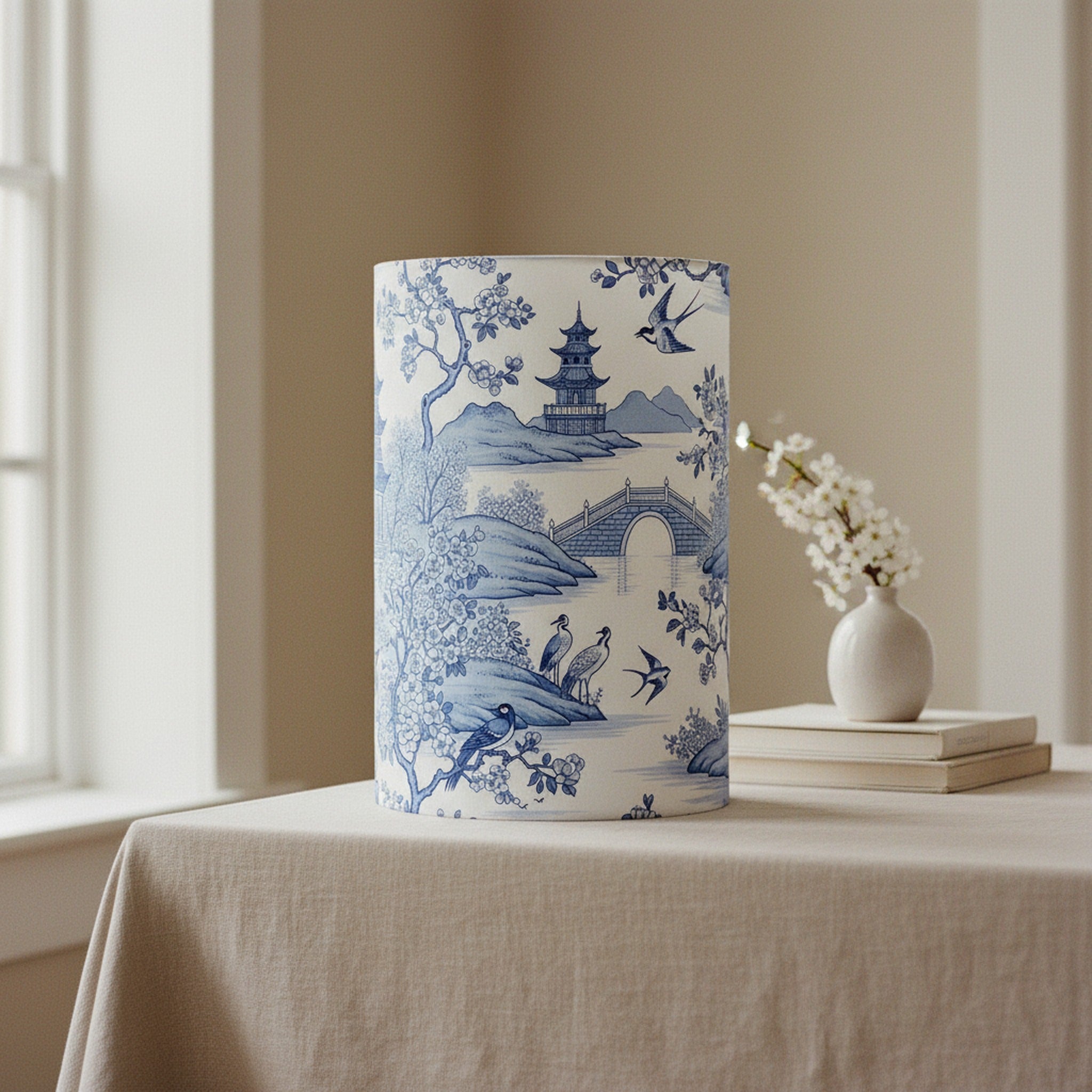 Creo Fleur Atelier — Drum Lamp Shade — Chinoiserie Blue White Cylindrical