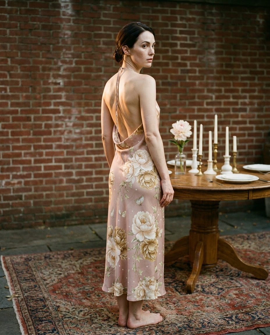 Pivoine Blush — Peony Silk Slip — editorial, back cowl reveal