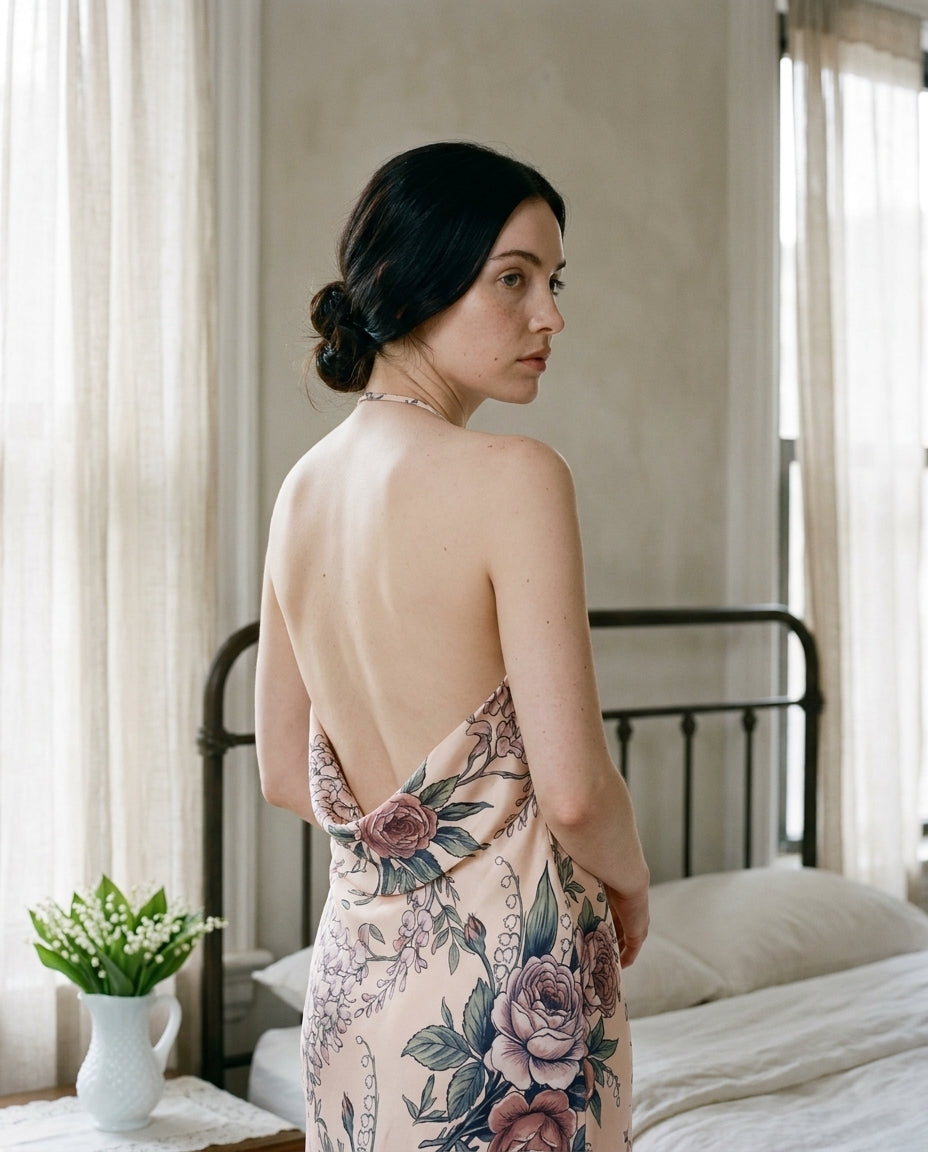 Toile Bouquetière — Wisteria Toile Silk Slip — editorial, back cowl reveal