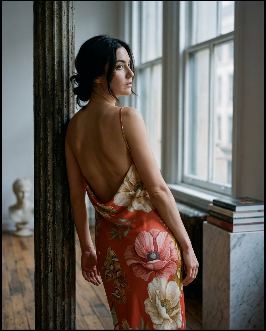 Pavot Vermillon — Poppy Silk Slip — editorial, back cowl reveal