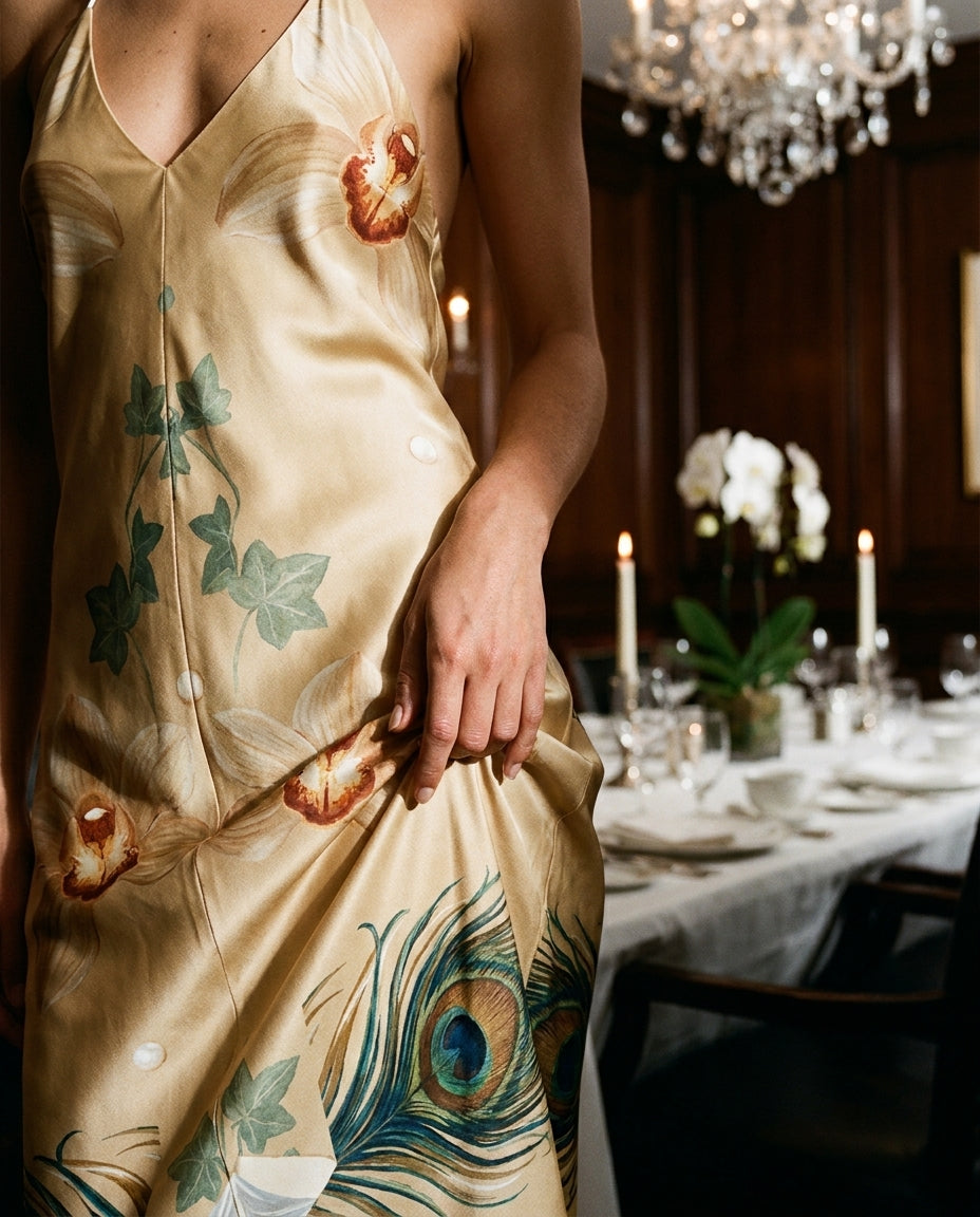 Orchidée Champagne — Cymbidium Silk Slip — editorial, hand on skirt detail