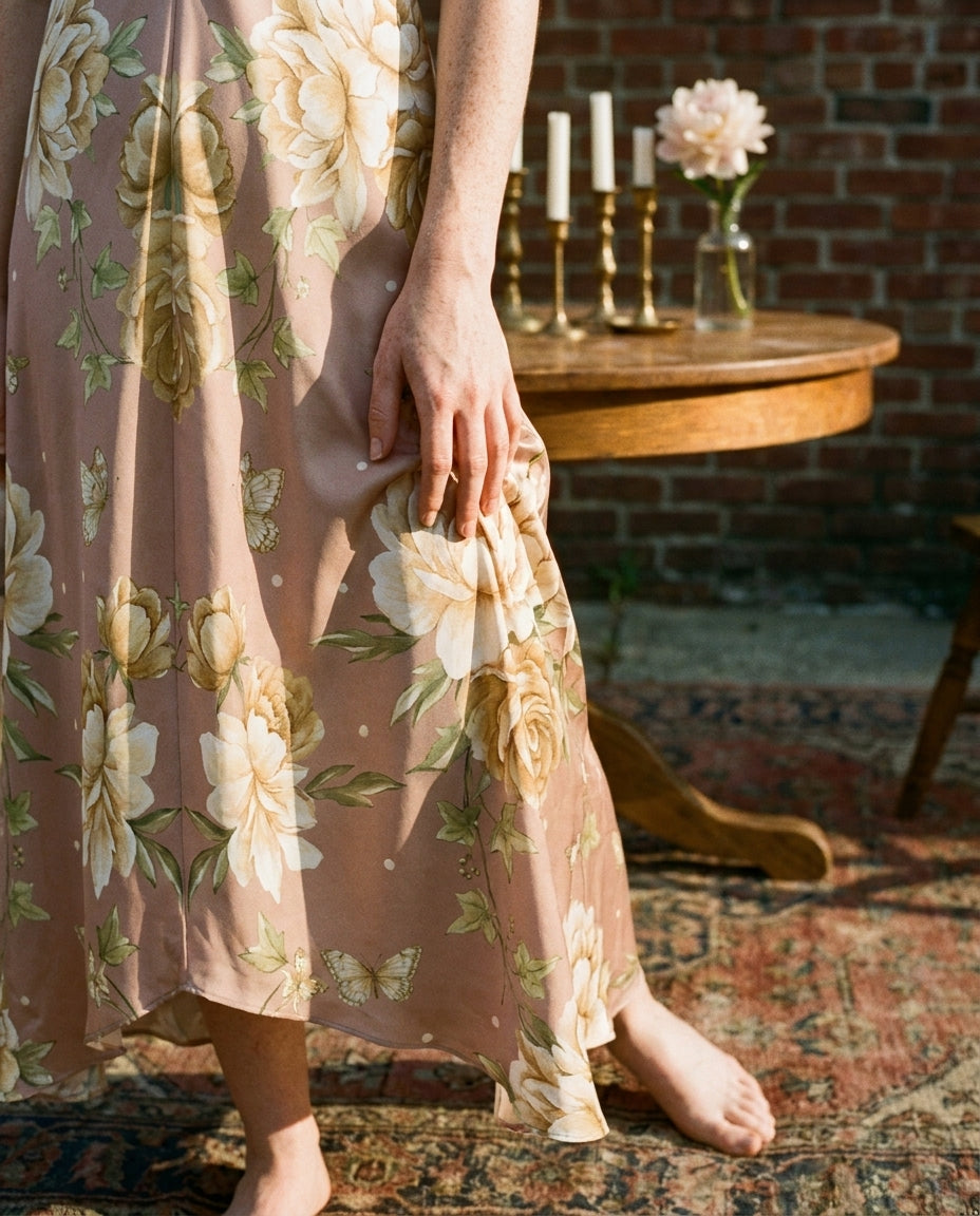 Pivoine Blush — Peony Silk Slip — editorial, hand on skirt detail