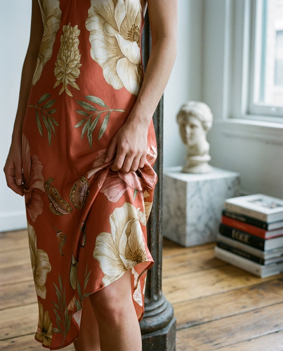 Pavot Vermillon — Poppy Silk Slip — editorial, hand on skirt detail