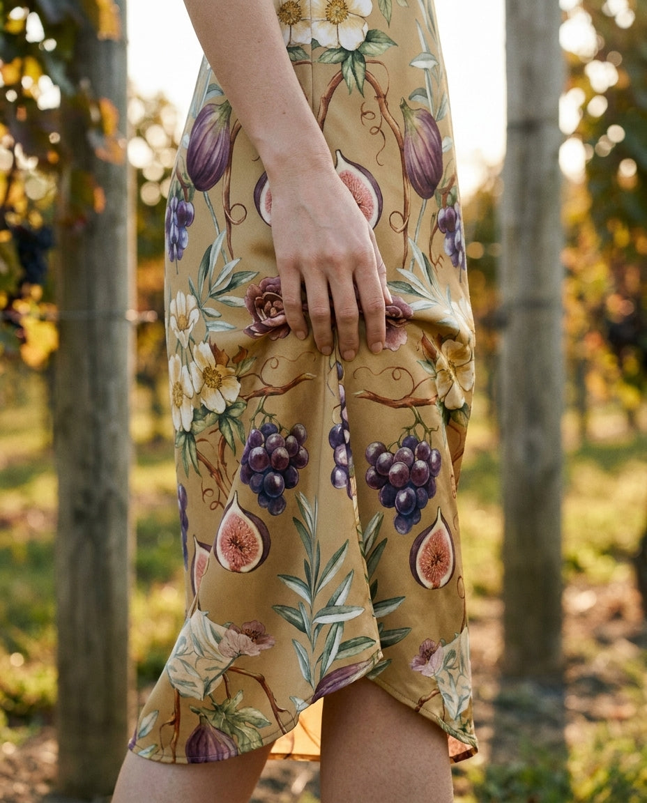 Vignoble Doré — Vineyard Gold Silk Slip — editorial, hand on skirt detail